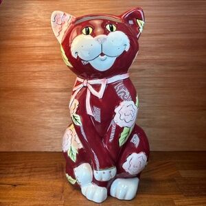 Ganz Bella Casa Ceramic Kitty Cat Shaped Flower Rose Painted Vase-9.5”T